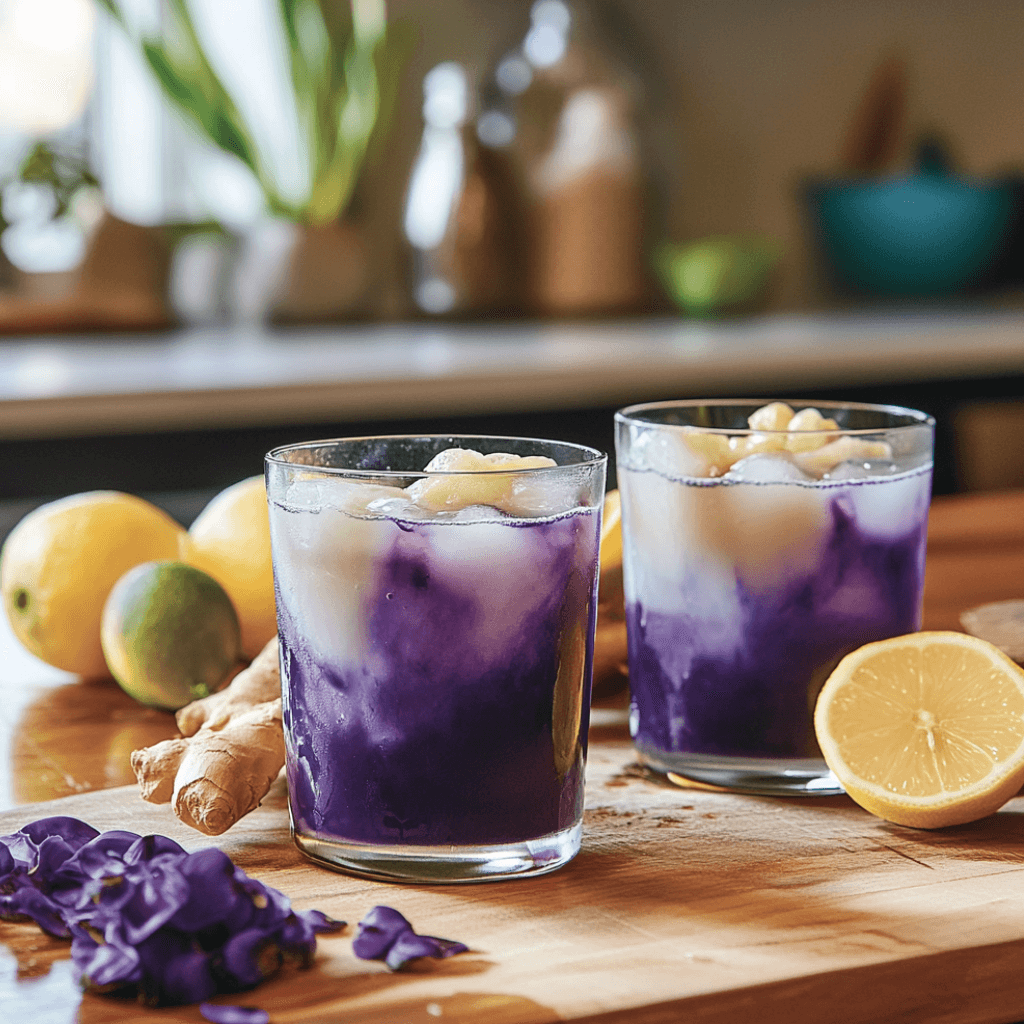 Steeping butterfly pea flower and ginger for Chobani Oat Milk Brazilian Mounjaro Drink