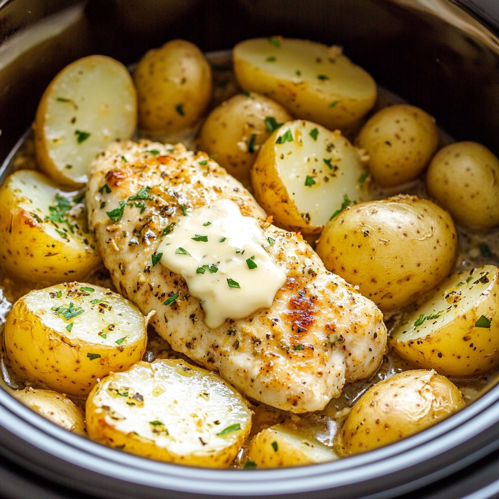 Crockpot Garlic Parmesan Chicken and Potatoes recipe you'll love!